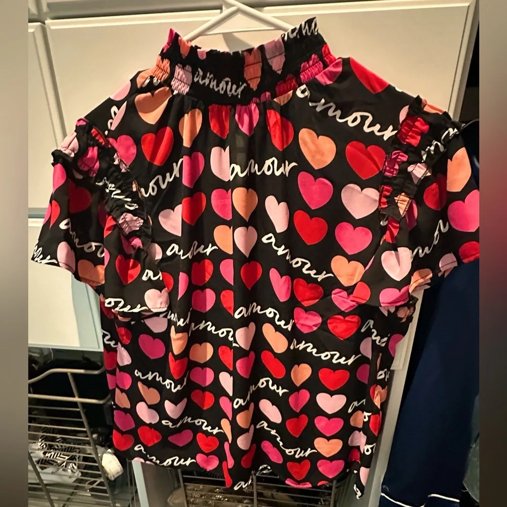 Women’s Heart Print Ruffled Mock Neck Top - Black/Pink - Picture 3 of 8